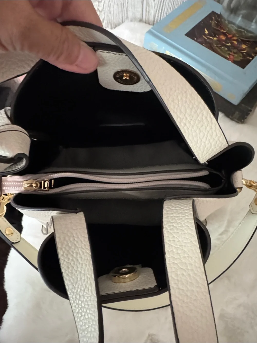 kate spade Cream Pebbled Leather Shoulder Bag with Black Trim